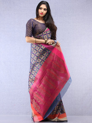 Banarasee Super Net Saree With Zari Border - Blue Copper Purple  - S031704382
