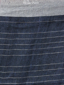 Indigo Blue Silver Handwoven Checked Linen Saree With Zari Border - S031703446