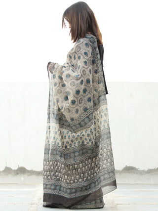 Beige Black Teal Green Hand Block Printed Kota Doria Saree  - S031704073