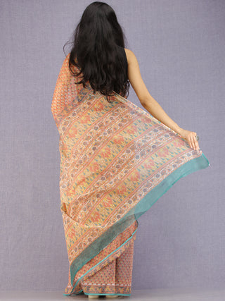 Coral Yellow Teal Hand Block Printed Kota Doria Saree - S031704588