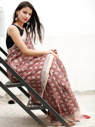 Beige Maroon Black Bagh Hand Block Printed Maheswari Silk Saree - S031703822