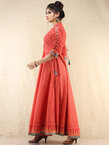 Nazma - Coral Gold Checks Printed Long Urave Cut Dress - D378FXXXX