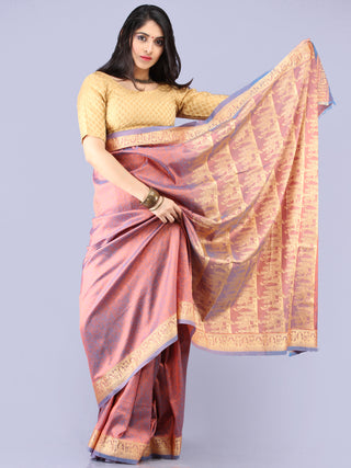 Banarasee Semi Silk Self Weave Saree With Resham Border - Blue Pink Gold - S031704293