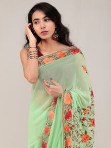 Light Green Aari Embroidered Georgette Saree From Kashmir - S031704628