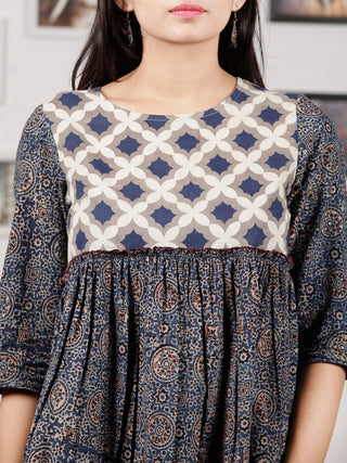 Indigo Grey White Hand Block Printed Top With Gathers  - T22F875