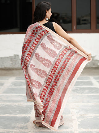 Beige Maroon Black Bagh Hand Block Printed Maheswari Silk Saree - S031703822