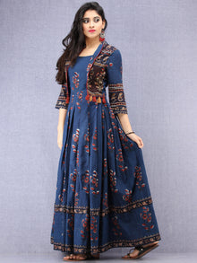 Naaz Roheen - Hand Block Printed Long Cotton Box Pleated Embroidered Jacket Dress - DS98F001