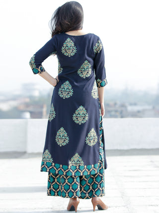 Raashida - Indigo Green Gold Printed Kurta Palazzo Set  - SS02F2004