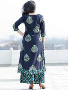 Raashida - Indigo Green Gold Printed Kurta Palazzo Set  - SS02F2004