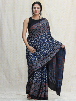 Indigo Ivory Red Ajrakh Hand Block Printed Modal Silk Saree - S031704120