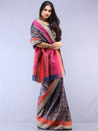 Banarasee Super Net Saree With Zari Border - Blue Copper Purple  - S031704382