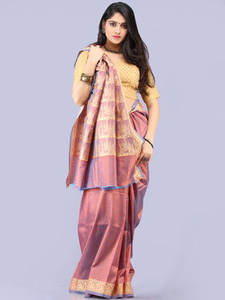 Banarasee Semi Silk Self Weave Saree With Resham Border - Blue Pink Gold - S031704293