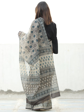 Beige Black Teal Green Hand Block Printed Kota Doria Saree  - S031704073