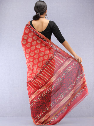Red Ivory Hand Block Printed Chanderi Saree With Geecha Border - S031704509