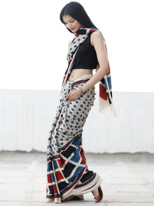 Off White Black Indigo Red Ajrakh Hand Block Printed Modal Silk Saree in Natural Colors - S031703699