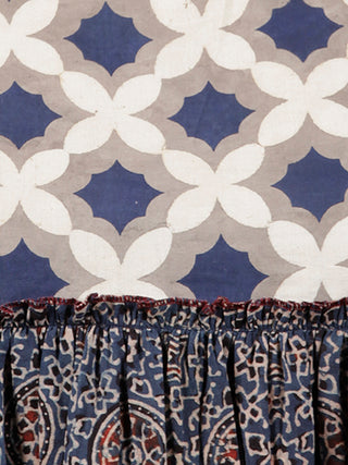 Indigo Grey White Hand Block Printed Top With Gathers  - T22F875