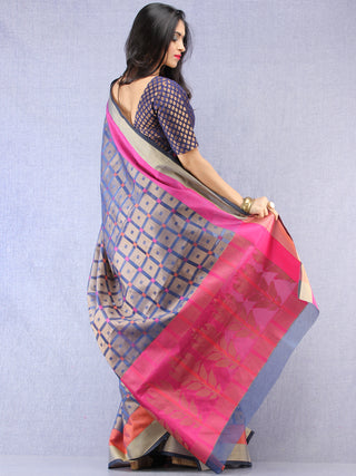 Banarasee Super Net Saree With Zari Border - Blue Copper Purple  - S031704382