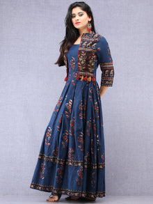 Naaz Roheen - Hand Block Printed Long Cotton Box Pleated Embroidered Jacket Dress - DS98F001