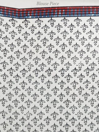 Off White Black Indigo Red Ajrakh Hand Block Printed Modal Silk Saree in Natural Colors - S031703699