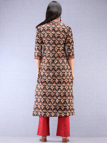 Black Beige Maroon Ajrakh Hand Block Printed Kurta With Round Collar  - K198F1842