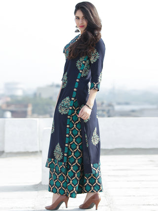Raashida - Indigo Green Gold Printed Kurta Palazzo Set  - SS02F2004
