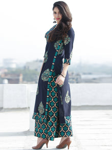 Raashida - Indigo Green Gold Printed Kurta Palazzo Set  - SS02F2004
