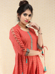 Nazma - Coral Gold Checks Printed Long Urave Cut Dress - D378FXXXX