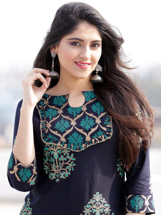 Raashida - Indigo Green Gold Printed Kurta Palazzo Set  - SS02F2004