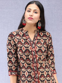 Black Beige Maroon Ajrakh Hand Block Printed Kurta With Round Collar  - K198F1842