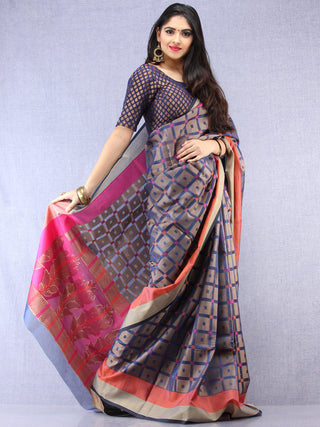 Banarasee Super Net Saree With Zari Border - Blue Copper Purple  - S031704382