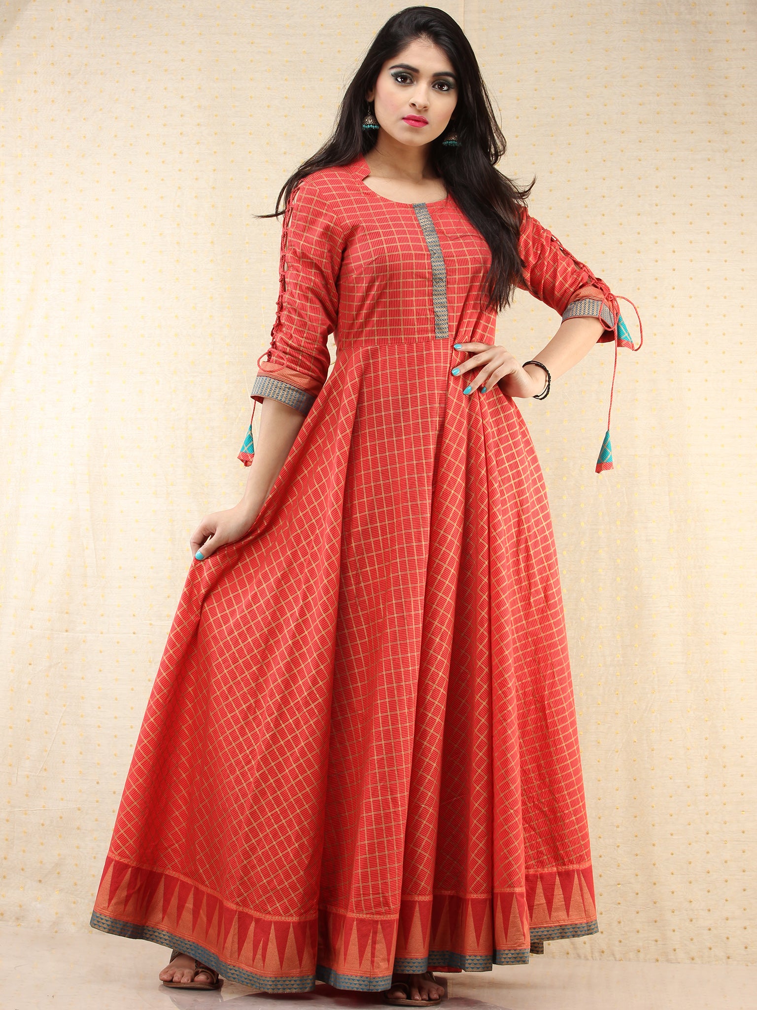 Nazma - Coral Gold Checks Printed Long Urave Cut Dress - D378FXXXX InduBindu Nazma - Coral Gold Checks Printed Long Urave Cut Dress - D378FXXXX InduBindu