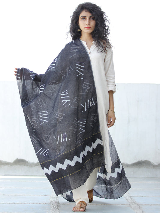 Black White  Chanderi Hand Block Printed Dupatta - D04170604