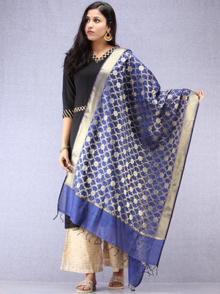 Banarasi Chanderi Dupatta With Zari Work - Navy Blue & Gold - D04170858