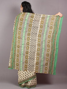 Beige Brown Green Cotton Hand Block Bagru Printed Saree - S03170274