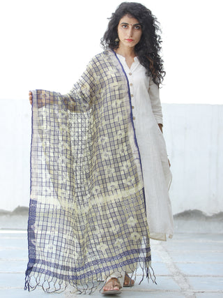 Light Yellow Blue Silver Cotton Art Silk Hand Block Printed Dupatta  - D04170605