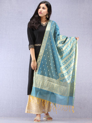 Banarasi Chanderi Dupatta With Resham Work - Steel Blue & Gold - D04170859