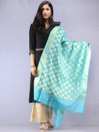 Banarasi Chanderi Dupatta With Zari Work - Sky Blue & Gold - D04170860