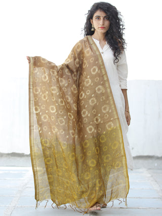 Light Brown Mustard Ivory Chanderi Hand Block Printed Dupatta - D04170606