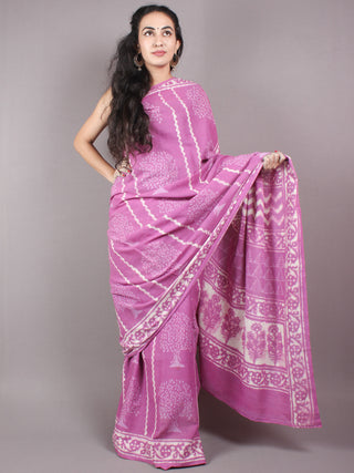 Purple White Cotton Hand Block Bagru Printed Saree - S03170275
