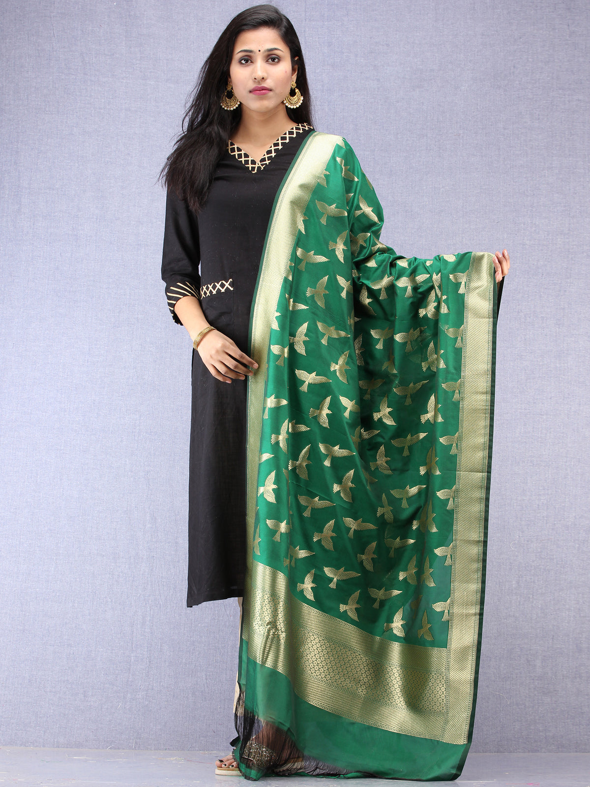 Banarasi Kanni Silk Dupatta With Zari Work - Green & Gold - D04170861
