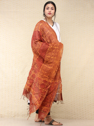 Brown Yellow Red Chanderi Hand Block Printed Dupatta - D04170757