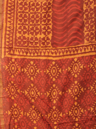Brown Yellow Red Chanderi Hand Block Printed Dupatta - D04170757