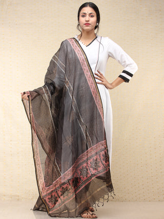 Black Pink Kota Silk Hand Block Printed Dupatta - D04170758