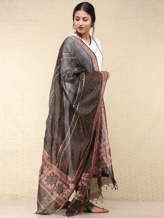Black Pink Kota Silk Hand Block Printed Dupatta - D04170758