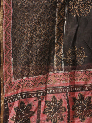 Black Pink Kota Silk Hand Block Printed Dupatta - D04170758