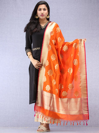 Banarasi Kanni Silk Dupatta With Zari Work - Orange & Gold - D04170863