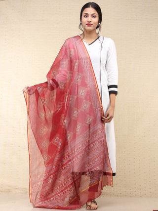 Rose Red Grey Kota Silk Hand Block Printed Dupatta - D04170759