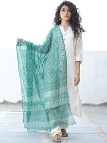 Green White Kota Doria Cotton Hand Block Printed Dupatta  - D04170609