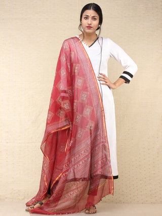 Rose Red Grey Kota Silk Hand Block Printed Dupatta - D04170759