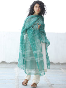 Green White Kota Doria Cotton Hand Block Printed Dupatta  - D04170609